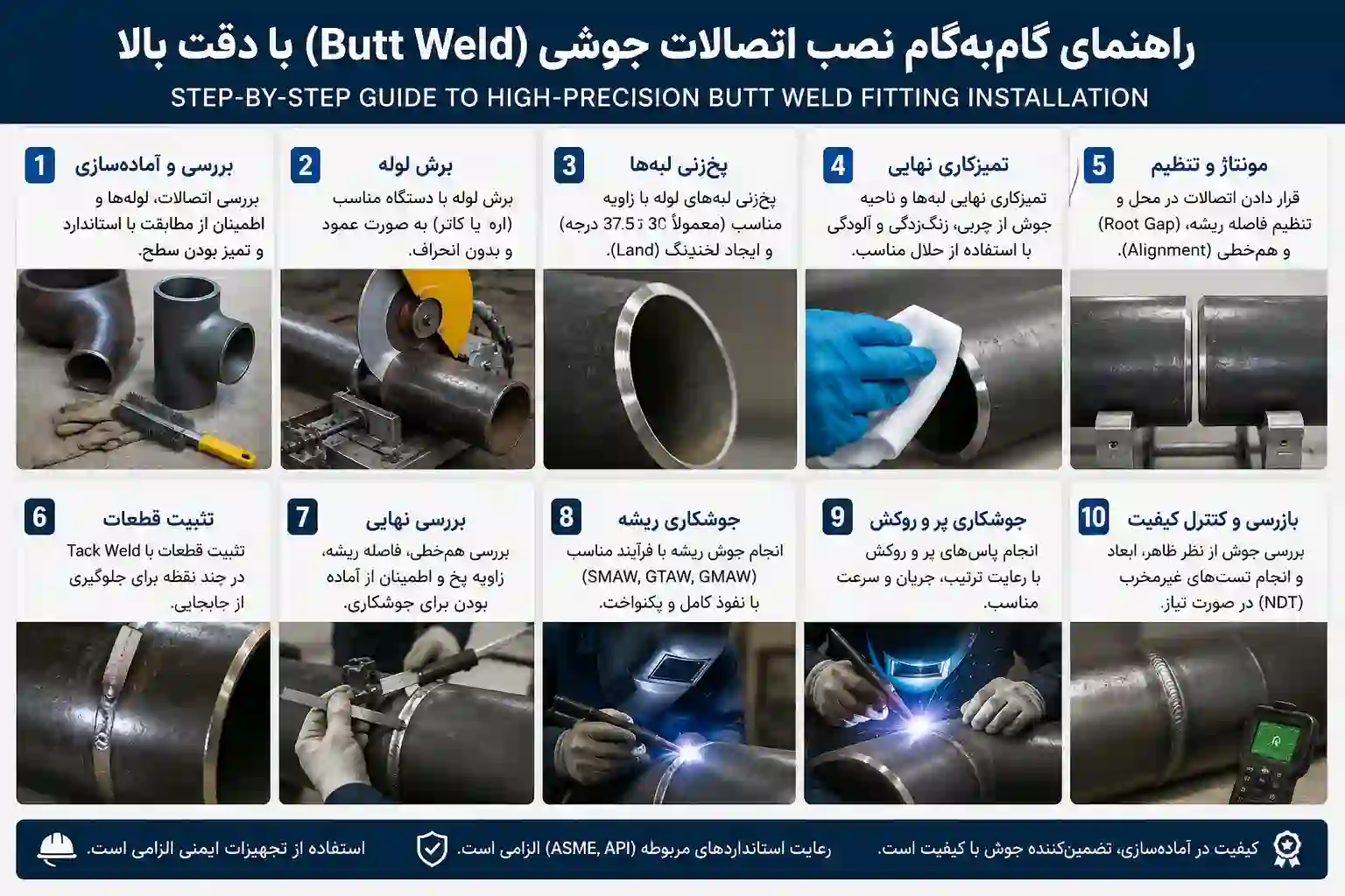 اینفوگراف مراحل نصب اتصالات جوشی (Butt Weld) - گام‌های آماده‌سازی، برش، پخ‌زنی، مونتاژ، جوشکاری و بازرسی